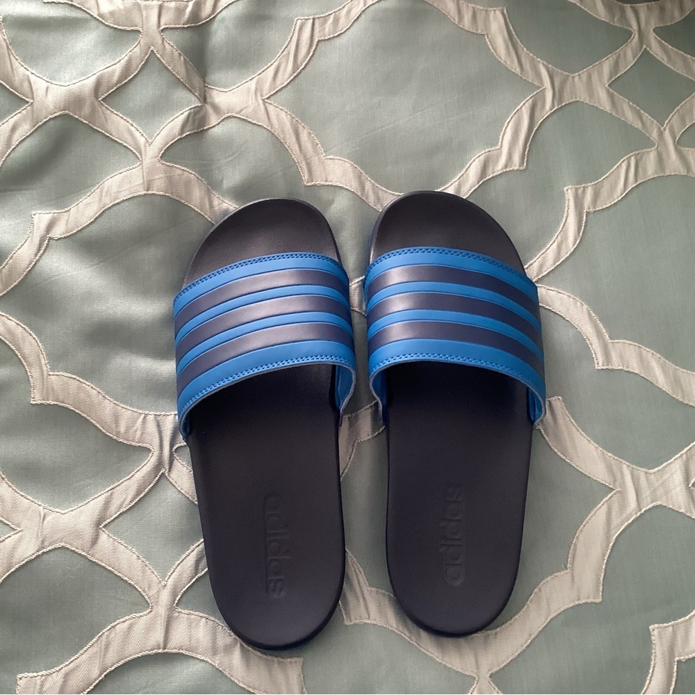 Adidas Black and Blue Striped Slides